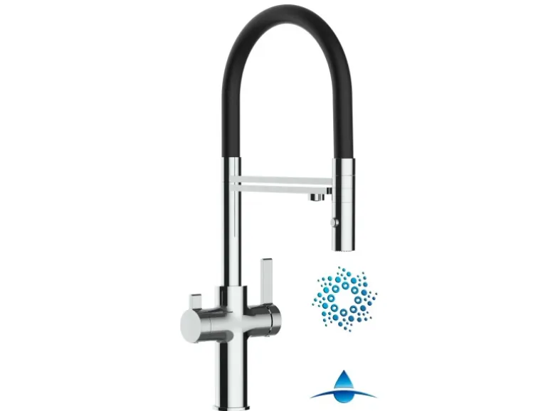 VIZIO 4 Wege Wasserhahn Küchenarmatur FC mit 360° Schwenkbarem Auslauf Abnehmbare 2 Strahl Handbrause Verchromt Schwarz