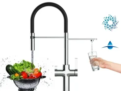 VIZIO 4 Wege Wasserhahn Küchenarmatur FC mit 360° Schwenkbarem Auslauf Abnehmbare 2 Strahl Handbrause Verchromt Schwarz