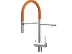 VIZIO 3 Wege Wasserhahn Küchenarmatur Edelstahl Massiv mit 360° Schwenkbarem Auslauf Abnehmbare 2 Strahl Handbrause Gebürstet   Orange