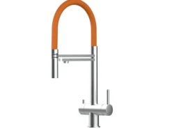 VIZIO 3 Wege Wasserhahn Küchenarmatur Edelstahl Massiv mit 360° Schwenkbarem Auslauf Abnehmbare 2 Strahl Handbrause Gebürstet   Orange
