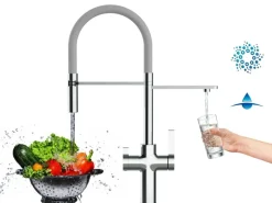 VIZIO 4 Wege Wasserhahn Küchenarmatur FC mit 360° Schwenkbarem Auslauf Abnehmbare 2 Strahl Handbrause Verchromt Grau
