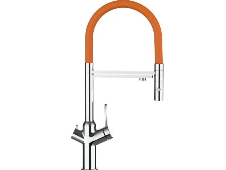 VIZIO 3 Wege Wasserhahn Küchenarmatur BOD mit 360° Schwenkbarem Auslauf Abnehmbare 2 Strahl Handbrause Verchromt Orange