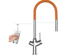 VIZIO 3 Wege Wasserhahn Küchenarmatur BOD mit 360° Schwenkbarem Auslauf Abnehmbare 2 Strahl Handbrause Verchromt Orange