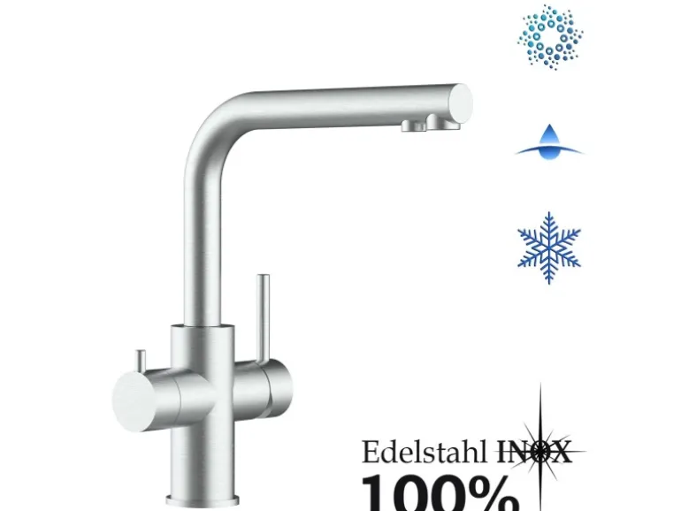 VIZIO Kurzversion 5 Wege Wasserhahn Küchenarmatur Edelstahl Massiv mit 360° Schwenkbarem L Auslauf Gebürstet