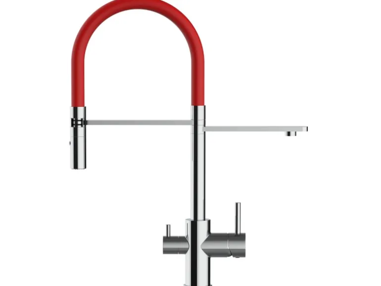 VIZIO NIEDERDRUCK 3 Wege Wasserhahn Küchenarmatur FL mit 360° Schwenkbarem Auslauf Abnehmbare 2 Strahl Handbrause Verchromt Rot