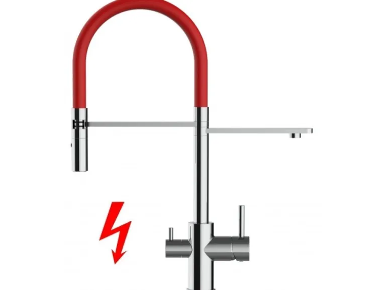 VIZIO NIEDERDRUCK 3 Wege Wasserhahn Küchenarmatur FL mit 360° Schwenkbarem Auslauf Abnehmbare 2 Strahl Handbrause Verchromt Rot