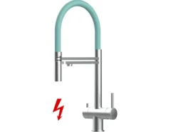 VIZIO Niederdruck 3 Wege Wasserhahn Küchenarmatur Edelstahl Massiv mit 360° Schwenkbarem Auslauf Abnehmbare 2 Strahl Handbrause Gebürstet Türkis