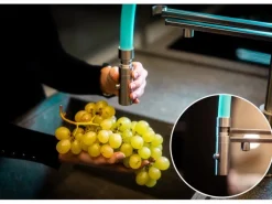 VIZIO Niederdruck 3 Wege Wasserhahn Küchenarmatur Edelstahl Massiv mit 360° Schwenkbarem Auslauf Abnehmbare 2 Strahl Handbrause Gebürstet   Türkis