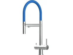 VIZIO NIEDERDRUCK 3 Wege Wasserhahn Küchenarmatur Edelstahl Massiv mit 360° Schwenkbarem Auslauf Abnehmbare 2 Strahl Handbrause Gebürstet Blau