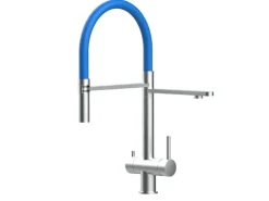 VIZIO NIEDERDRUCK 3 Wege Wasserhahn Küchenarmatur Edelstahl Massiv mit 360° Schwenkbarem Auslauf Abnehmbare 2 Strahl Handbrause Gebürstet   Blau