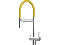 VIZIO NIEDERDRUCK 3 Wege Wasserhahn Küchenarmatur Edelstahl Massiv mit 360° Schwenkbarem Auslauf Abnehmbare 2 Strahl Handbrause Gebürstet Gelb