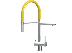 VIZIO NIEDERDRUCK 3 Wege Wasserhahn Küchenarmatur Edelstahl Massiv mit 360° Schwenkbarem Auslauf Abnehmbare 2 Strahl Handbrause Gebürstet   Gelb