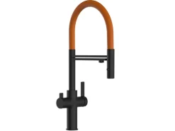 VIZIO NIEDERDRUCK 3 Wege Wasserhahn Küchenarmatur FC mit 360° Schwenkbarem Auslauf Abnehmbare 2 Strahl Handbrause Schwarz Matt Orange