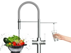 VIZIO NIEDERDRUCK 3 Wege Wasserhahn Küchenarmatur FC mit 360° Schwenkbarem Auslauf Abnehmbare 2 Strahl Handbrause Verchromt   Grau