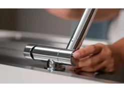 VIZIO Wasserhahn Vorfenster Küchenarmatur Umklappbar 45 CM mit 360° Schwenkbarem L Auslauf Verchromt   Sand Beige