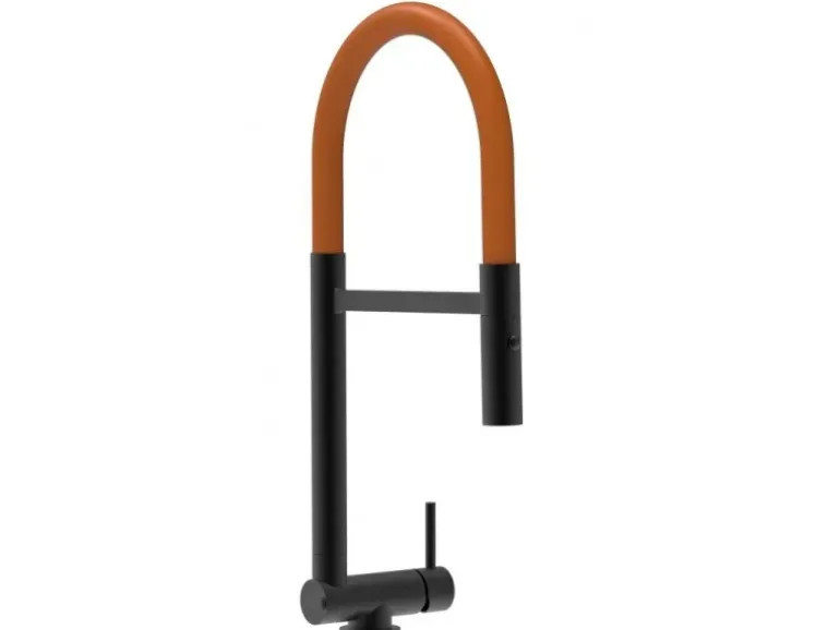 VIZIO Wasserhahn Vorfenster Küchenarmatur Umklappbar 45 CM mit 360° Schwenkbarem Auslauf Abnehmbare 2 Strahl Handbrause Schwarz Matt Orange