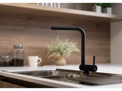 VIZIO Wasserhahn Vorfenster Küchenarmatur Umklappbar 45 CM mit 360° Schwenkbarem L Auslauf Schwarz Matt